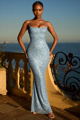 Embellished Fishtail Maxi Dress in Light Blue