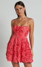 Alvia Mini Dress 3d Flower Full Skirt Dress in Hot Pink