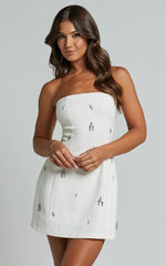 Anziel Mini Dress Strapless Structured Cluster Embellishment Dress in White