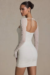 Embellished Long-Sleeve Mini Dress in White