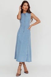 Passionate Flame Sleeveless A-line Midi Dress Denim Blue