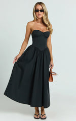 Daria Midi Dress Strapless Corset Gathered Dress in Black