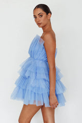 Bon Bon Tiered Mesh Mini Dress Steel Blue