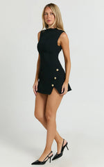 Langley Mini Dress Sleeveless High Neck Faux Wrap Tulip Dress in Black