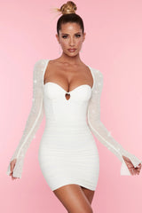Embellished Long-Sleeve Mini Dress in White