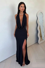 Amedeo Plunge Halter Neck Maxi Dress - Black